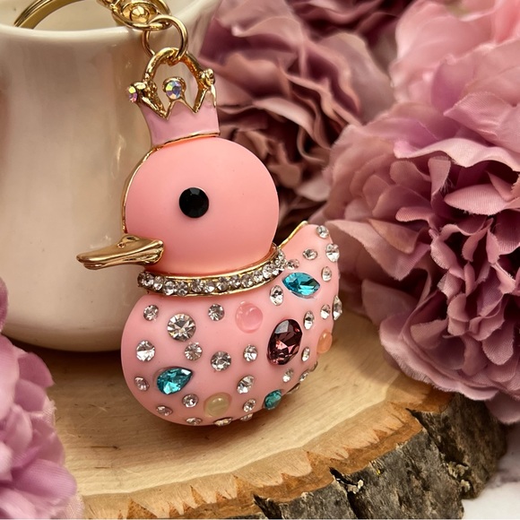 Pink Jeweled Duck with Crystals and Crown Keychain Charm - Picture 3 of 13